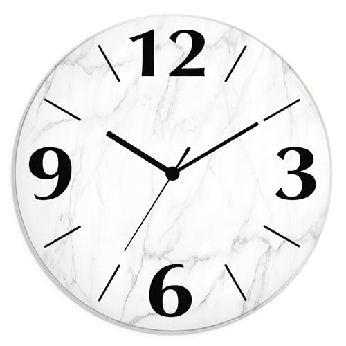 ARTLAND Wanddeko Wanduhr ohne Tickgeräusche aus Glas Quarzuhr Ø 30 cm Rund Lautlos Ø 30 cm Weiße Marmor Stein Optik U1RF von ARTLAND
