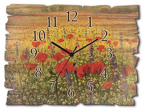 ARTLAND Wanddeko Wanduhr ohne Tickgeräusche aus Holz Funk Uhr lautlos 40x30 cm Rechteckig Blumenwiese Blumen Mohnblumen Natur Bunt H6LI von ARTLAND