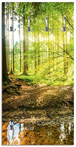 ARTLAND Wandgarderobe Holz mit 6 Haken 60x120 cm Design Garderobe mit Motiv Natur Wald Bach Herbst Grün T9IO von ARTLAND