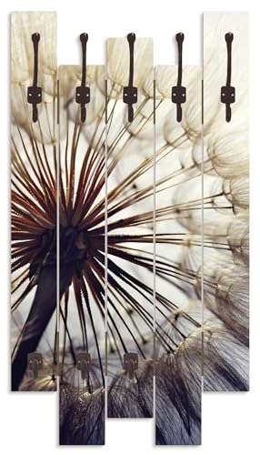 ARTLAND Wandgarderobe Holz mit 8 Haken 63x114 cm Design Garderobe Paneel mit Motiv Blumen Pusteblume Botanik Blüten Modern Kunst Sommer Natur T4RE von ARTLAND