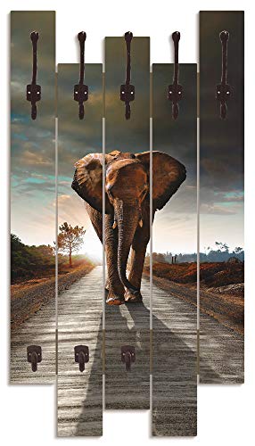 ARTLAND Wandgarderobe Holz mit 8 Haken 63x114 cm Design Garderobe Paneel mit Motiv Natur Afrika Safari Elefant T9QO von ARTLAND