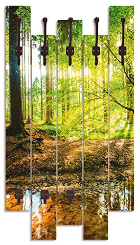 ARTLAND Wandgarderobe Holz mit 8 Haken 63x114 cm Design Garderobe Paneel mit Motiv Natur Wald Bach Herbst Grün T9IO von ARTLAND