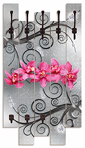 ARTLAND Wandgarderobe Holz mit 8 Haken 63x114 cm Design Garderobe Paneel mit Motiv Orchideen Blumen Abstrakt Pink Grau U1QT von ARTLAND