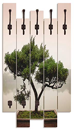 ARTLAND Wandgarderobe Holz mit 8 Haken 63x114 cm Design Garderobe Paneel mit Motiv Zen Bonsaibaum Asiatisch T9IC von ARTLAND