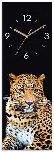 ARTLAND Wanduhr ohne Tickgeräusche Glas Funkuhr 20x60 cm Rechteckig Lautlos Afrika Leopard Tiere Safari Kolonialstil Modern S7NI von ARTLAND