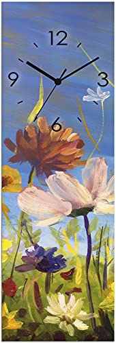 ARTLAND Wanduhr ohne Tickgeräusche Glas Funkuhr 20x60 cm Rechteckig Lautlos Blumenbilder Natur Blumenwiese Gemälde Frühling Bunt U1QU von ARTLAND