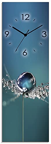 ARTLAND Wanddeko Wanduhr ohne Tickgeräusche Glas Funkuhr 20x60 cm Rechteckig Lautlos Blumenbilder Pusteblume Wassertropfen Modern Blau U1TB von ARTLAND