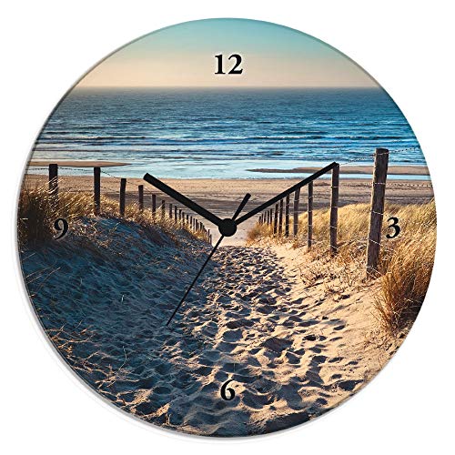 ARTLAND Wanduhr ohne Tickgeräusche Glas Funkuhr Ø 30 cm Rund Lautlos Strand Meer Düne Nordsee Urlaub Natur Maritim T9IP von ARTLAND