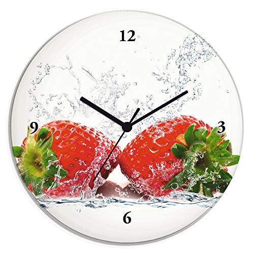 ARTLAND Wanduhr ohne Tickgeräusche Glas Funkuhr Ø 30 cm Rund Lautlos Obst Früchte Erdbeere im Wasser Frucht Modern Food T5SP von ARTLAND