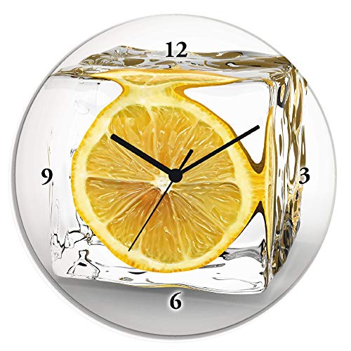 ARTLAND Wanddeko Wanduhr ohne Tickgeräusche Glas Funkuhr Ø 30 cm Rund Lautlos Obst Früchte Zitrone im Eiswürfel Frucht Kreativ T5XT von ARTLAND