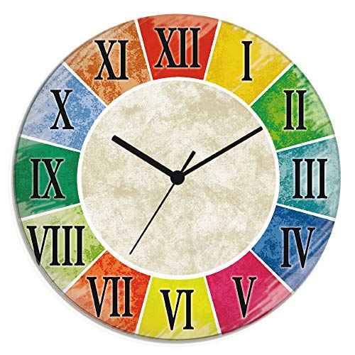 ARTLAND Wanddeko Wanduhr ohne Tickgeräusche Glas Funkuhr Ø 30 cm Rund Lautlos Römische Ziffern Zahlen Römisch Retro Kunst Used Bunt S7IX von ARTLAND