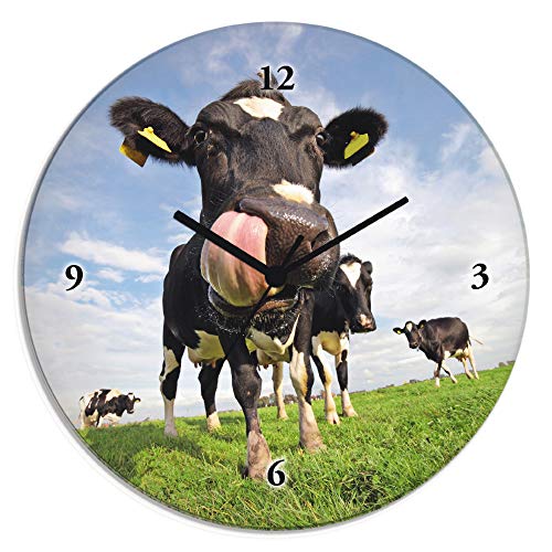 ARTLAND Wanddeko Wanduhr ohne Tickgeräusche Glas Funkuhr Ø 30 cm Rund Lautlos Tiere Kuh Lustig Ländlich Hipster Originell Landhaus T5WJ von ARTLAND