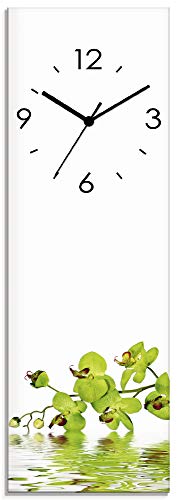 ARTLAND Wanddeko Wanduhr ohne Tickgeräusche Glas Quarzuhr 20x60 cm Rechteckig Lautlos Blumen Orchidee Natur Design Blätter Modern T5OW von ARTLAND