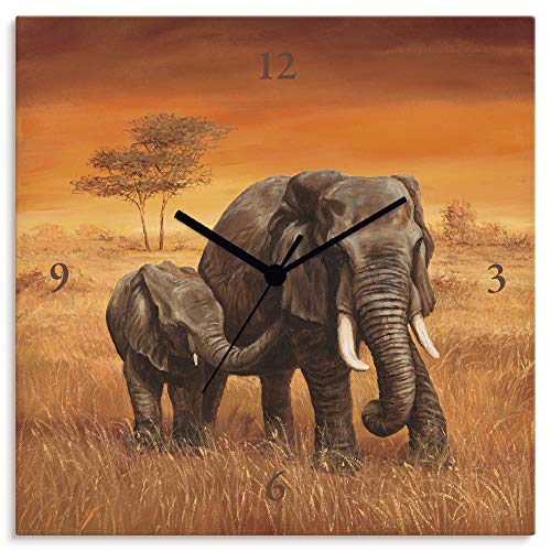 ARTLAND Wanduhr ohne Tickgeräusche Leinwand Funkuhr 30x30 cm Quadratisch Lautlos Afrika Elefant Tiere Safari Urlaub Kolonialstil T4JT von ARTLAND