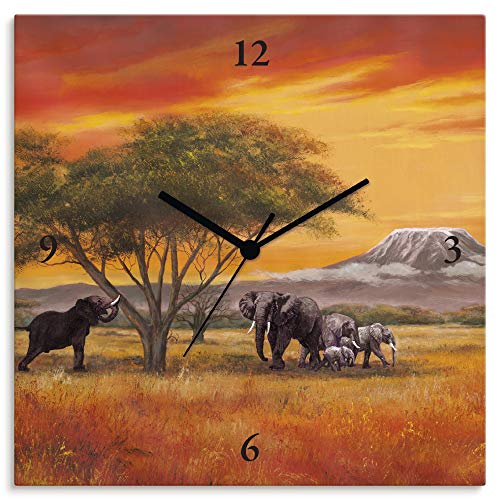 ARTLAND Wanduhr ohne Tickgeräusche Leinwand Funkuhr 30x30 cm Quadratisch Lautlos Afrika Safari Tiere Elefant Natur Bildmalerei T4EH von ARTLAND