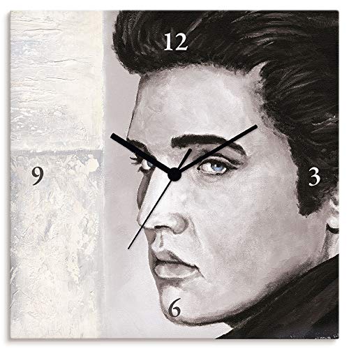 ARTLAND Wanduhr ohne Tickgeräusche Leinwand Funkuhr 30x30 cm Quadratisch Lautlos Hollywood Elvis Musik Star Bildmalerei T9QW von ARTLAND