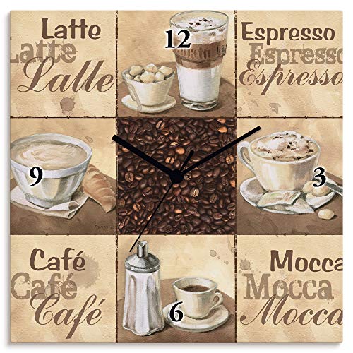 ARTLAND Wanduhr ohne Tickgeräusche Leinwand Funkuhr 30x30 cm Quadratisch Lautlos Kaffee Coffee Cafe Espresso Latte Originell T4VP von ARTLAND