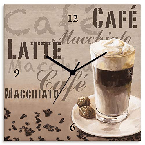 ARTLAND Wanduhr ohne Tickgeräusche Leinwand Funkuhr 30x30 cm Quadratisch Lautlos Kaffee Coffee Cafe Latte Macchiato Italien T4VQ von ARTLAND