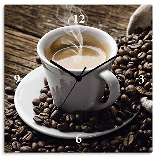 ARTLAND Wanduhr ohne Tickgeräusche Leinwand Funkuhr 30x30 cm Quadratisch Lautlos Kaffee Espresso Coffee Cafe Food Originell T5VA von ARTLAND