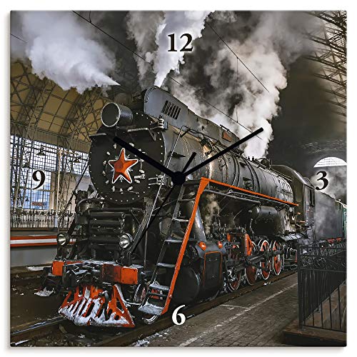 ARTLAND Wanduhr ohne Tickgeräusche Leinwand Funkuhr 30x30 cm Quadratisch Lautlos Lokomotive Eisenbahn Retro Antik Klassisch S6AU von ARTLAND