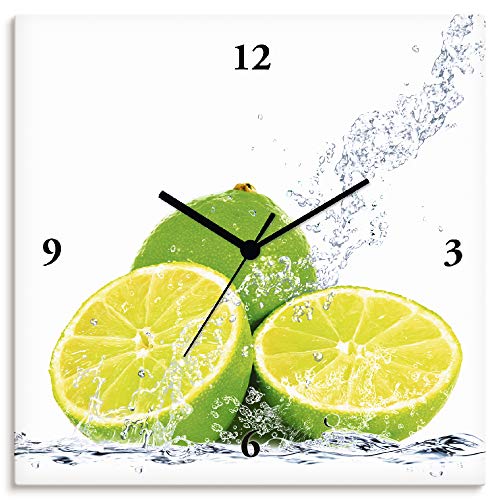 ARTLAND Wanduhr ohne Tickgeräusche Leinwand Funkuhr 30x30 cm Quadratisch Lautlos Obst Früchte Limette im Wasser Modern Food T5SN von ARTLAND