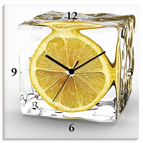 ARTLAND Wanduhr ohne Tickgeräusche Leinwand Funkuhr 30x30 cm Quadratisch Lautlos Obst Früchte Zitrone im Eiswürfel Frucht Kreativ T5XT von ARTLAND