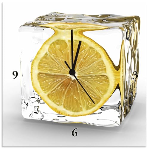 ARTLAND Wanduhr ohne Tickgeräusche Alu Funkuhr 30x30 cm Quadratisch Lautlos Obst Früchte Zitrone im Eiswürfel Frucht Kreativ T5XT von ARTLAND