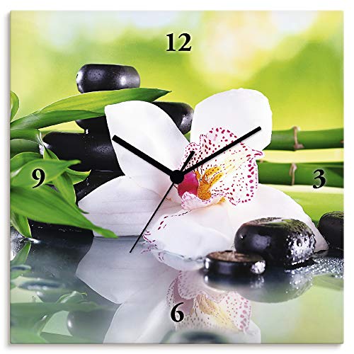 ARTLAND Wanduhr ohne Tickgeräusche Leinwand Funkuhr 30x30 cm Quadratisch Lautlos Orchidee Zen Pflanze Spa Steine Bambus Asiatisch T9IQ von ARTLAND