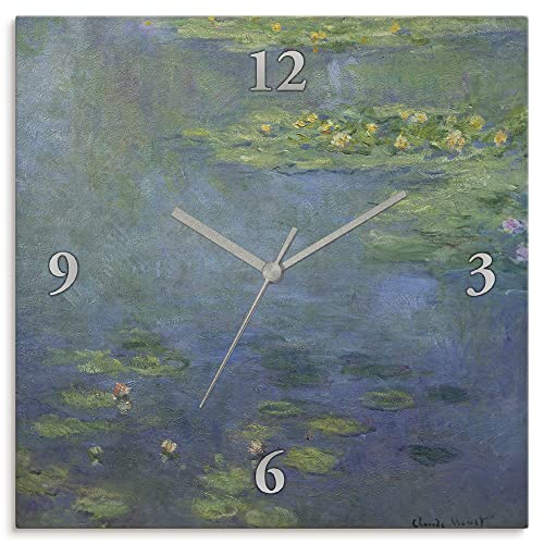 ARTLAND Wanduhr ohne Tickgeräusche Leinwand Funkuhr 30x30 cm Quadratisch Lautlos Seerosenteich Claude Monet alte Meister R0XI von ARTLAND