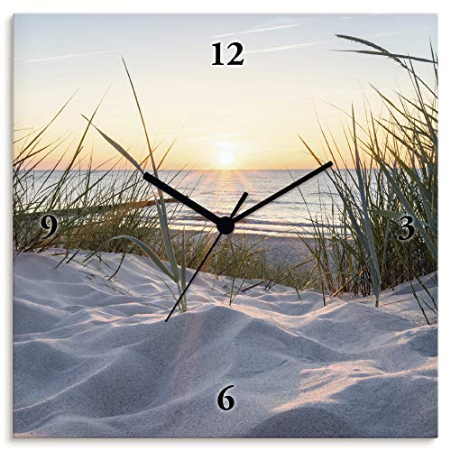 ARTLAND Wanduhr ohne Tickgeräusche Leinwand Funkuhr 30x30 cm Quadratisch Lautlos Strand Meer Ostsee Sonne Sonnenuntergang Maritim T9QU von ARTLAND