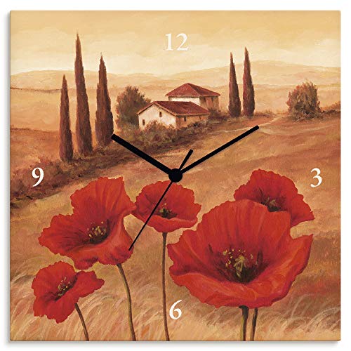 ARTLAND Wanduhr ohne Tickgeräusche Leinwand Funkuhr 30x30 cm Quadratisch Lautlos Toskana Landschaft Italien Mohnblumen Natur T4NQ von ARTLAND