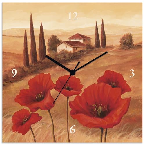 ARTLAND Wanduhr ohne Tickgeräusche Alu Funkuhr 30x30 cm Quadratisch Lautlos Toskana Landschaft Italien Mohnblumen Natur T4NQ von ARTLAND