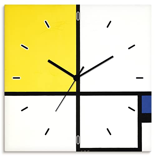 ARTLAND Wanduhr ohne Tickgeräusche Leinwand Quarzkuhr 30x30 cm Quadratisch Lautlos Blau Gelb Abstrakt Piet Mondrian alte Meister T6WK von ARTLAND