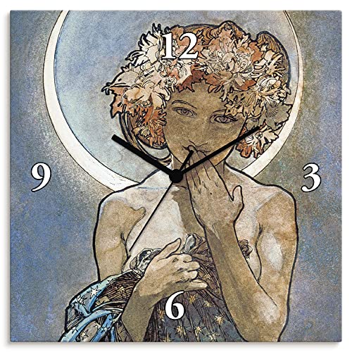 ARTLAND Wanduhr ohne Tickgeräusche Leinwand Quarzkuhr 30x30 cm Quadratisch Lautlos Sterne Mond Alfons Mucha alte Meister T7VN von ARTLAND