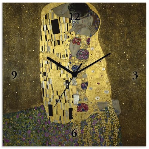 ARTLAND Wanduhr ohne Tickgeräusche Alu Quarzuhr 30x30 cm Quadratisch Lautlos Gustav Klimt Der Kuss Originell Ausgefallen T9LL von ARTLAND