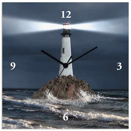 ARTLAND Wanduhr ohne Tickgeräusche Alu Quarzuhr 30x30 cm Quadratisch Lautlos Meer Leuchtturm Nacht Felsen Küste Maritim T5GP von ARTLAND