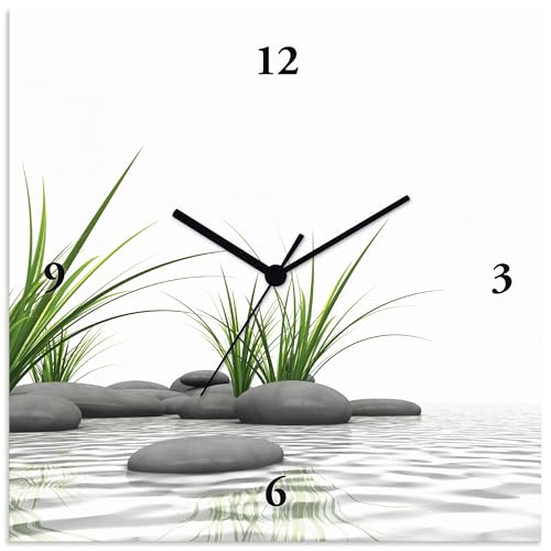 ARTLAND Wanduhr ohne Tickgeräusche Alu Quarzuhr 30x30 cm Quadratisch Lautlos Natur Design Zen Spa Steine Asiatisch Modern T6CD von ARTLAND