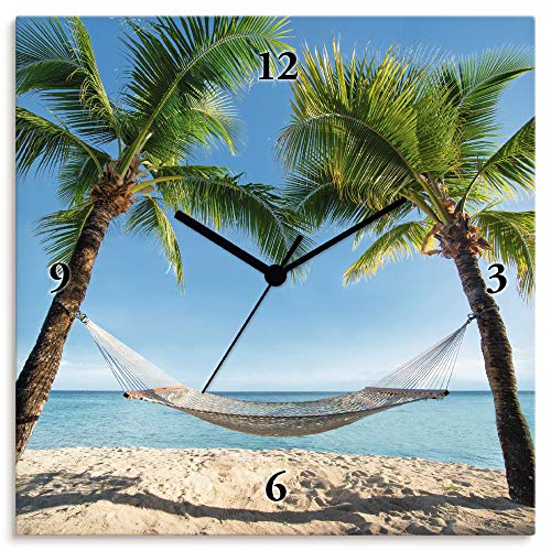 ARTLAND Wanduhr ohne Tickgeräusche Leinwand Quarzuhr 30x30 cm Quadratisch Lautlos Strand Meer Karibik Palme Hängematte Urlaub T4TO von ARTLAND