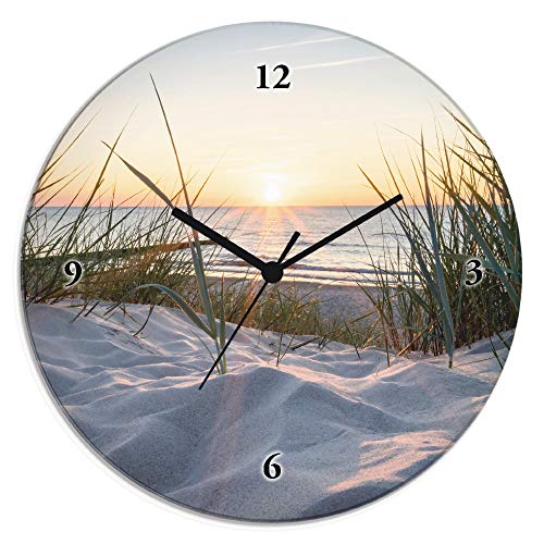 ARTLAND Wanduhr ohne Tickgeräusche Glas Funkuhr Ø 30 cm Rund Lautlos Sonnenuntergang Ostsee von ARTLAND