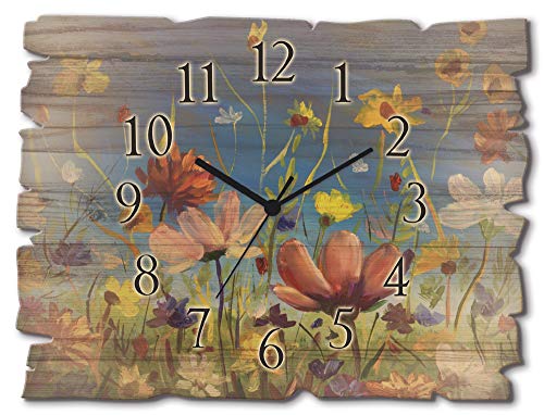 ARTLAND Wanduhr ohne Tickgeräusche aus Holz Funk Uhr lautlos 40x30 cm Rechteckig Blumenwiese Blumen Frühling Blüten Himmel Bunt U1QU von ARTLAND