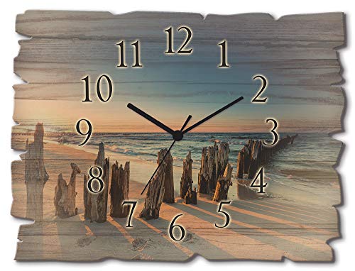 ARTLAND Wanduhr ohne Tickgeräusche aus Holz Funk Uhr lautlos 40x30 cm Rechteckig Strand Meer Ostsee Sonnenuntergang Küste Maritim U1UI von ARTLAND