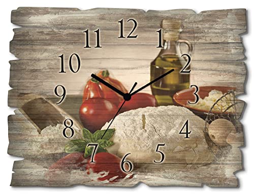 ARTLAND Wanduhr ohne Tickgeräusche aus Holz Funk Uhr lautlos Rechteckig 40x30 cm Lebensmittel Öl Flasche Mehl Teig Tomaten Mediterran Küche Vintage T5UZ von ARTLAND