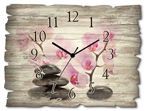 ARTLAND Wanduhr ohne Tickgeräusche aus Holz Funk Uhr lautlos Rechteckig 40x30 cm Wellness Spa Zen Innere Ruhe Steine Blumen Orchidee Vintage T6BI von ARTLAND