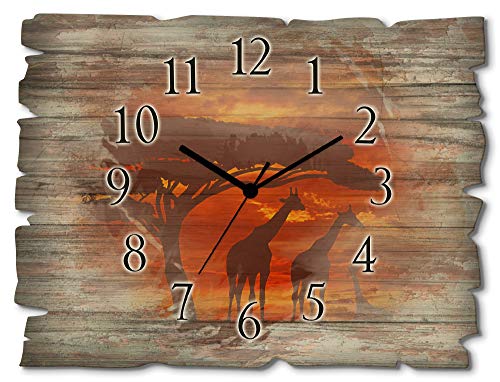 ARTLAND Wanduhr ohne Tickgeräusche aus Holz Funkuhr 40x30 cm Rechteckig Lautlos Afrika Tiere Giraffe Safari Sonnenuntergang Kolonialstil S8WS von ARTLAND