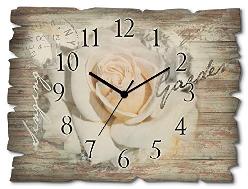 ARTLAND Wanduhr ohne Tickgeräusche aus Holz Funkuhr 40x30 cm Rechteckig Lautlos Blumen Rose Blüten Text Elegant Originell T5GJ von ARTLAND