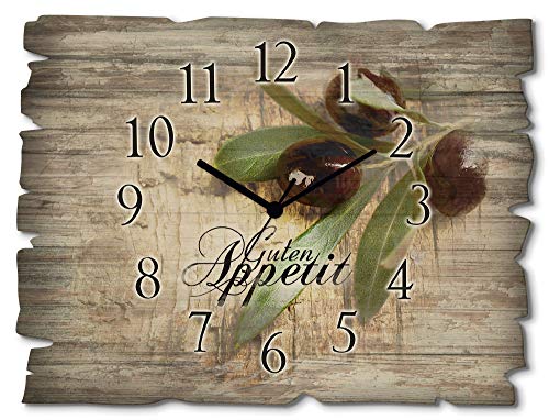 ARTLAND Wanduhr ohne Tickgeräusche aus Holz Funkuhr 40x30 cm Rechteckig Lautlos Guten Appetit Essen Olive Food Ländlich H6ZI von ARTLAND