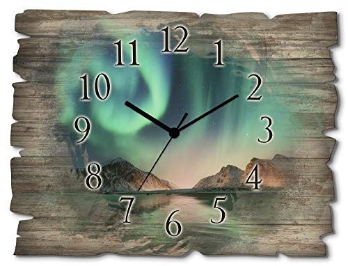 ARTLAND Wanduhr ohne Tickgeräusche aus Holz Funkuhr 40x30 cm Rechteckig Lautlos Nordlicht Polarlicht Landschaft Natur Nordisch T9SZ von ARTLAND