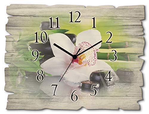 ARTLAND Wanduhr ohne Tickgeräusche aus Holz Funkuhr 40x30 cm Rechteckig Lautlos Orchidee Zen Pflanze Spa Steine Bambus Asiatisch T9IQ von ARTLAND