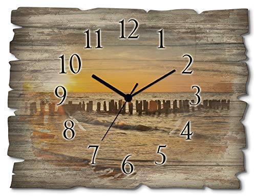 ARTLAND Wanduhr ohne Tickgeräusche aus Holz Funkuhr 40x30 cm Rechteckig Lautlos Strand Meer Sonnenuntergang Ostsee Maritim T3ZU von ARTLAND