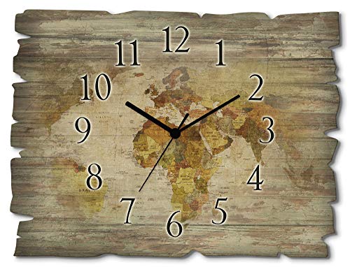 ARTLAND Wanduhr ohne Tickgeräusche aus Holz Funkuhr 40x30 cm Rechteckig Lautlos Weltkarte Kontinente Länder Retro Vintage Originell T9NI von ARTLAND